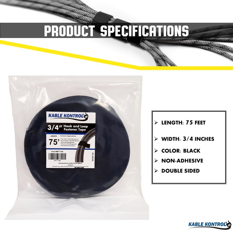 Kable Kontrol Hook and Loop Tape Roll â€“ 3/4â€ Wide x 75â€™ Ft Long â€“ Double Sided Heavy Duty Non-Adhesive Non-Sticky Nylon Reusable Fastener Strip Adjustable Strap Wire Organizer Cable Wrap â€“ Black - Image 2